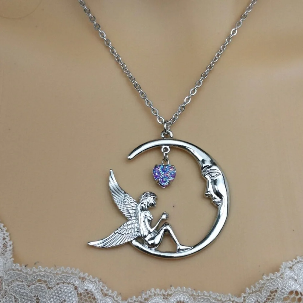New! Large Fairy Moon Rhinestone Pendant USA 🇺🇸 made Silver Necklace - Picture 3 of 3